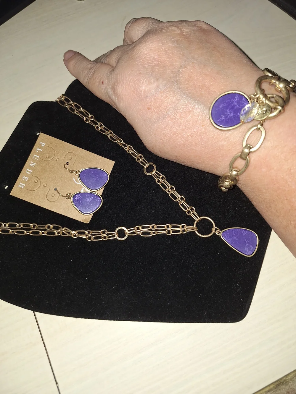 Plunder Brushed Gold-Tone Blue Marbled Gemstone Jewelry Set